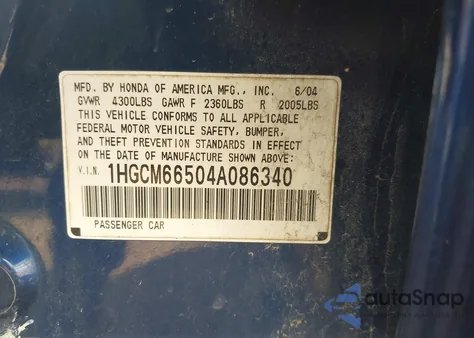 2004 Honda Accord 3.0 Ex из США, поврежденный, VIN 1HGCM66504A086340